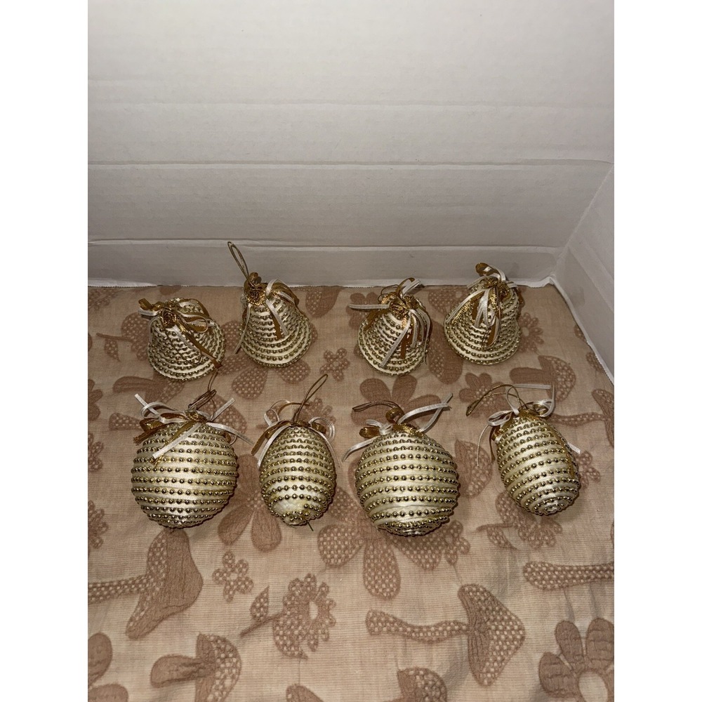 Christmas gold beaded ornaments ,handmade Lotโ Of 8, Gold , Bells And Balls